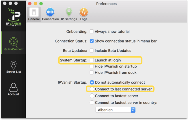 IPVanish VPN Einstellungen
